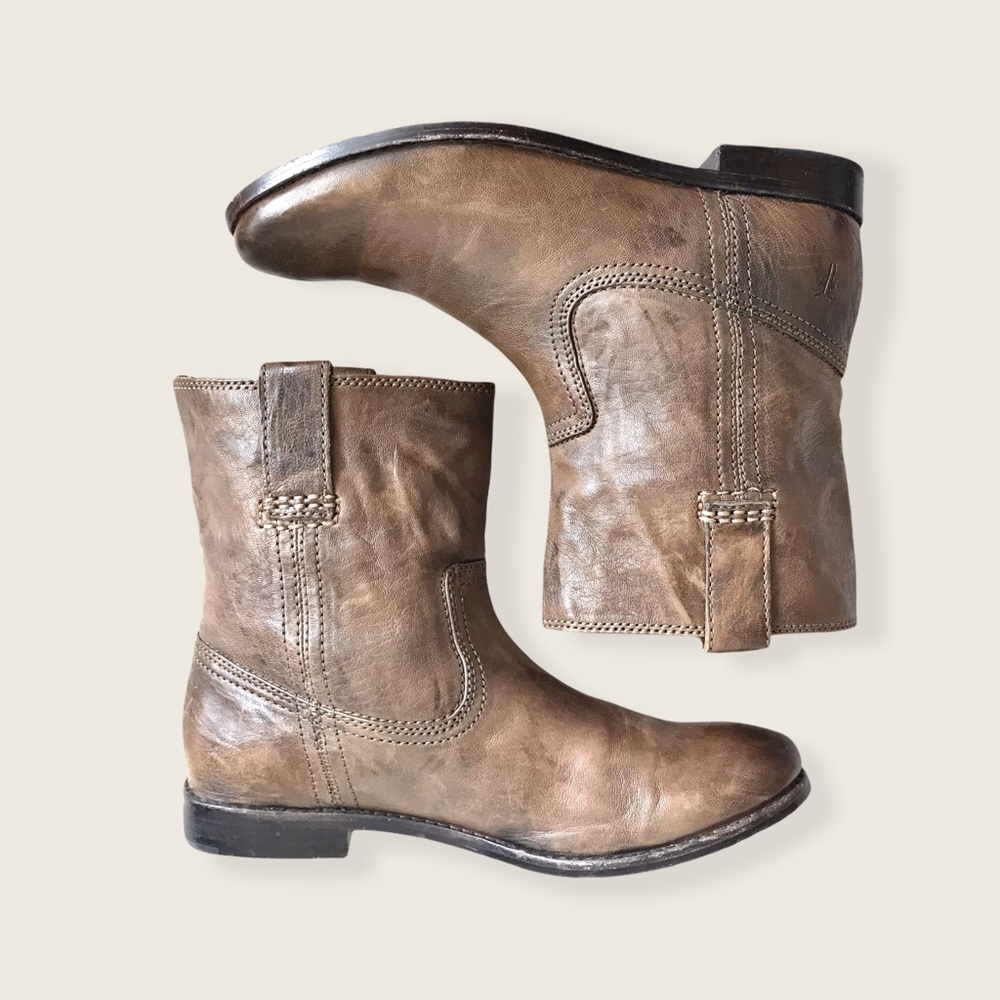 Frye Anna Short Brown Leather Pull On Ankle Boot